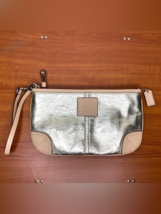 Coach Handbags - < Coach XL Large Metallic Silver and Cream Beige Leather Wristlet >